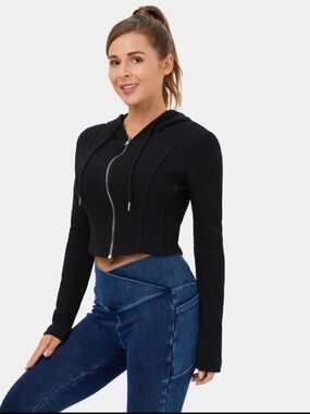 Halara waffle knit Black Cropped Zip-Up Hoodie Top - Women